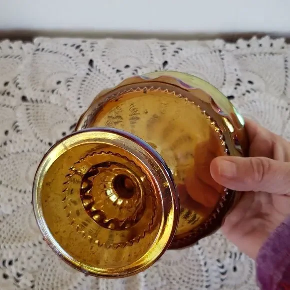 Pretty Gold Carnival Glass Pedestal Compote Candy Dish - Picture 5 of 5